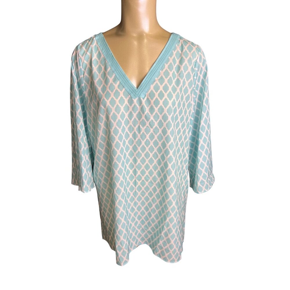 RETRO THREADS WOMENS XL Tunic teal white diamond career casual V NECK beach G603